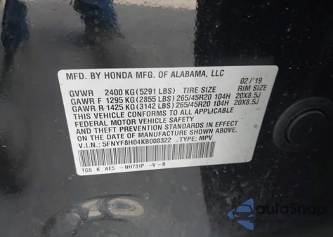 2019 Honda Passport Elite из США, поврежденный, VIN 5FNYF8H04KB008322